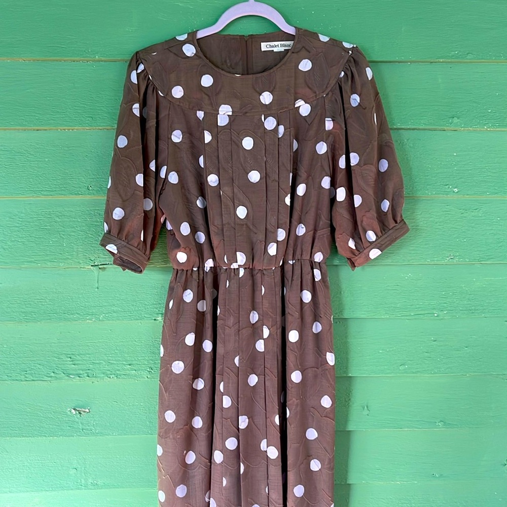 Gorgeouss polka-dot 1980s brown and white day dress